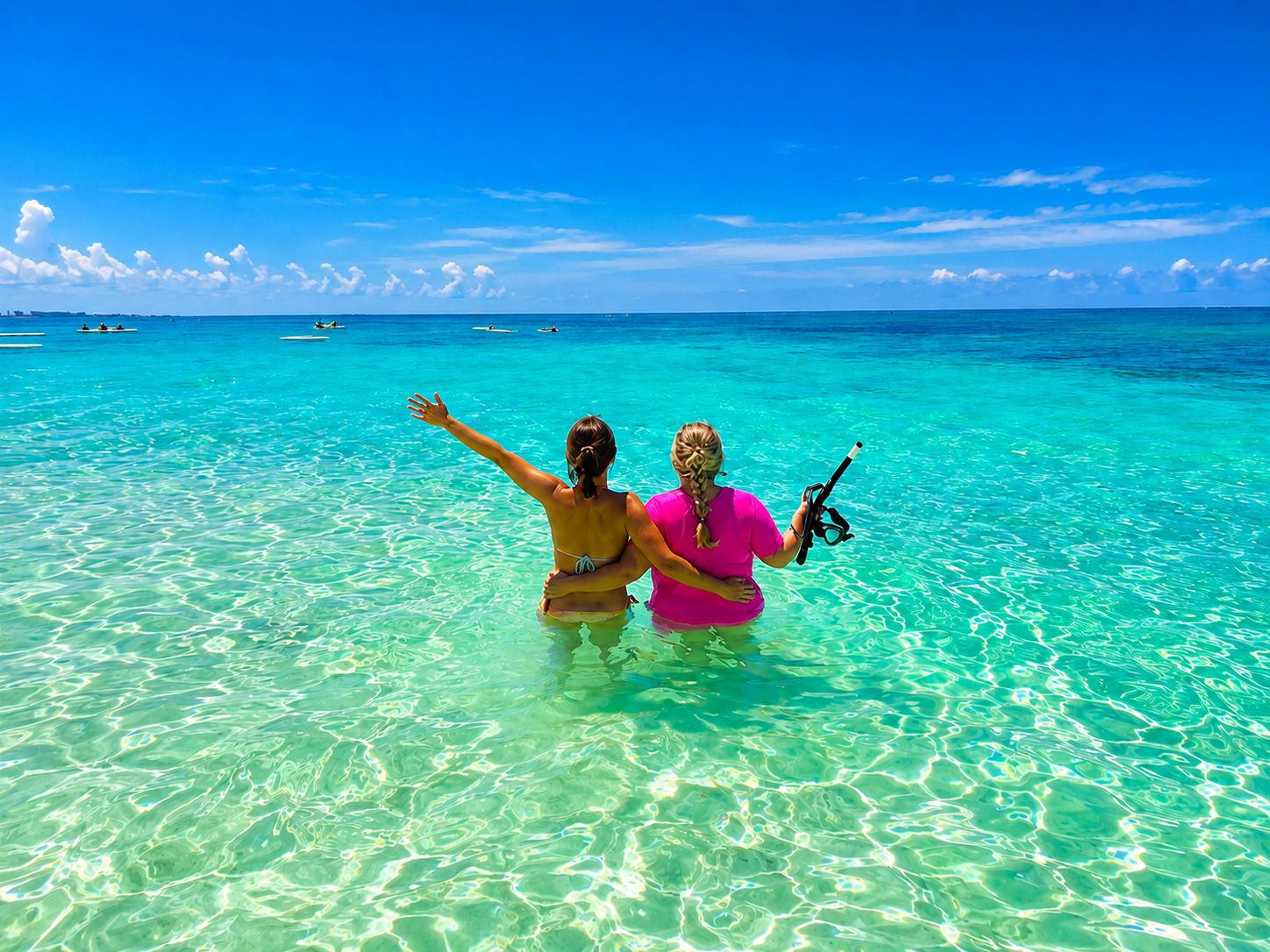 The two of us, best friends, arm in arm in clear turquoise water on a trip